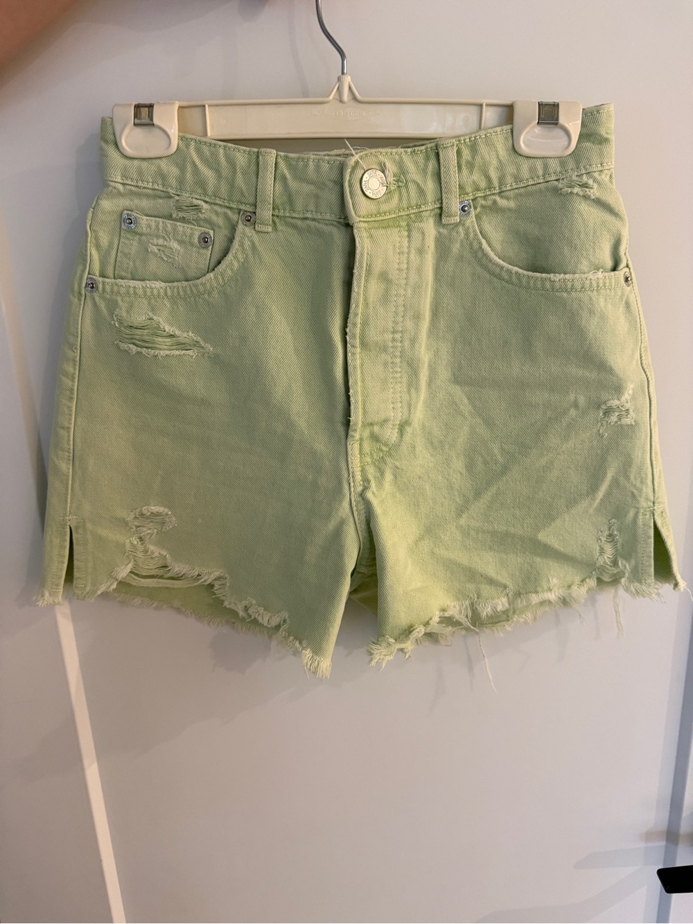 Zara Light Lime Distressed Denim Shorts